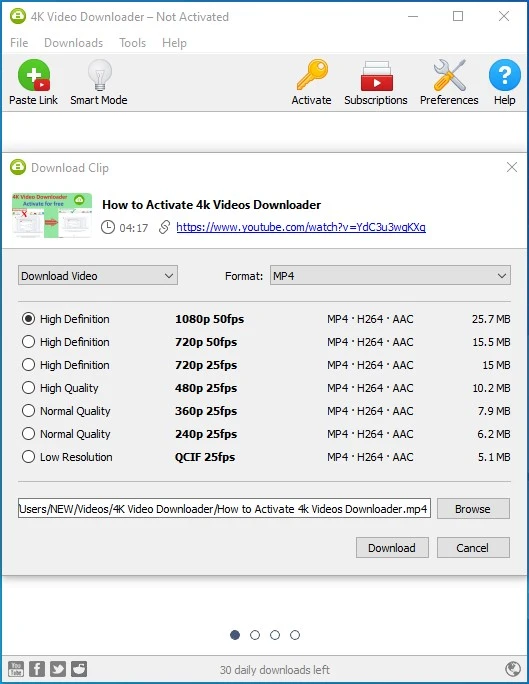 Screenshot of a YouTube to MP4 converting software named 4K Video Downloader
