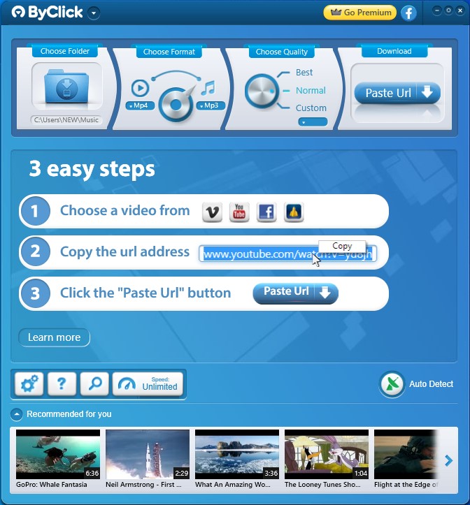 Screenshot of a YouTube to MP4 converter named By Click Downloader