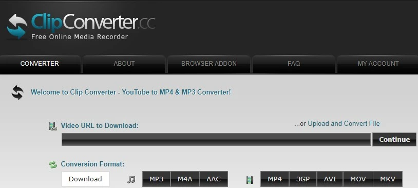 Screenshot of a YouTube to MP4 converting software named ClipConverter