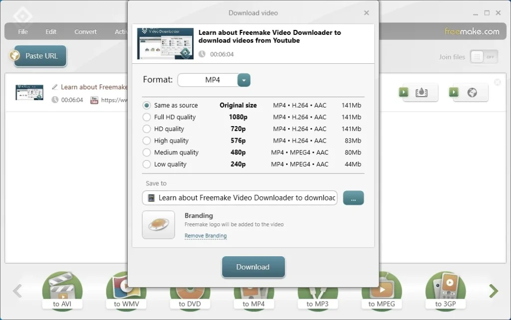 Screenshot of a YouTube to MP4 converter named Freemake Video Downloader